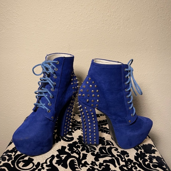 Blue Faux Suede, Platform, Spiked Chunk Heel, Lace-up, Gaga, Ankle Boots - Picture 4 of 12